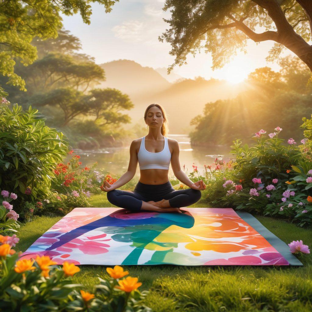A serene landscape depicting a person meditating on a colorful yoga mat, surrounded by lush greenery and blooming flowers, symbolizing holistic wellness. In the background, a gentle sunrise casts warm golden hues over the scene, representing new beginnings and fulfillment. Include elements like soft flowing water nearby and symbolic stones for balance. vibrant colors. super-realistic.
