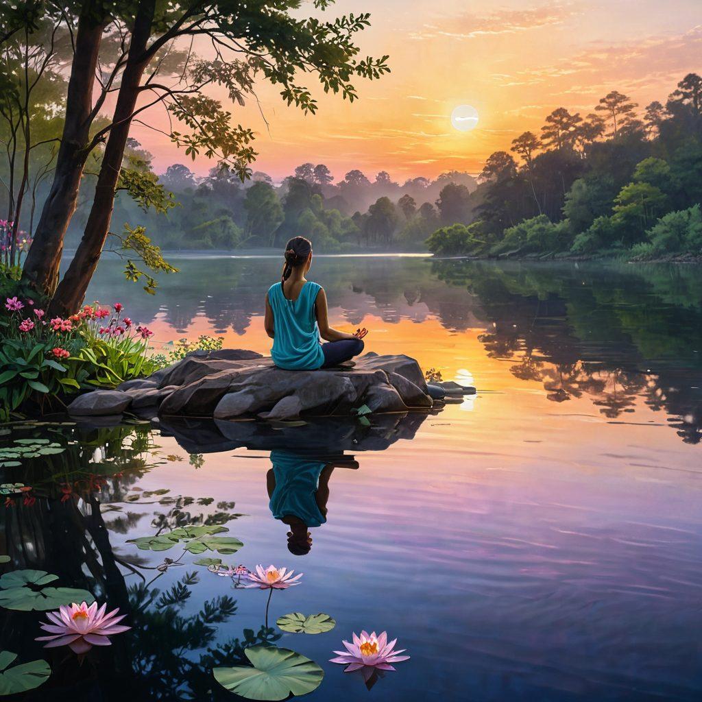 A serene landscape featuring a tranquil lake surrounded by lush greenery, with a person meditating on a rocky shore under a soft sunset sky. Ethereal light filtering through trees, flowers gently swaying in the breeze, and soothing water ripples. Incorporate symbols of inner peace like a floating lotus flower or a soft glow surrounding the person. Painting. vibrant colors. calming atmosphere.