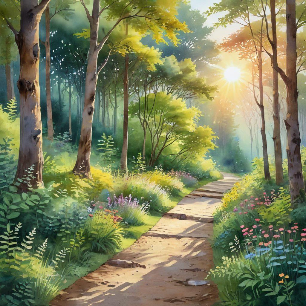 A serene landscape showcasing a winding path through a lush, colorful forest, symbolizing the journey to joy and fulfillment. Along the path, glowing orbs of light represent emotional wellness, while people of diverse backgrounds walk together, smiling and helping each other. A bright sun rises in the background, casting warm light on the scene, evoking hope and positivity. watercolor painting style. soft pastels. warm colors.